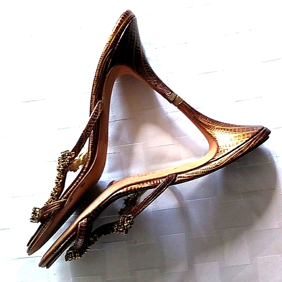 RARE Giuseppe Zanotti Topaz Jeweled Metallic Leather Kitten Heel Sandals VINTAGE - Picture 11 of 16